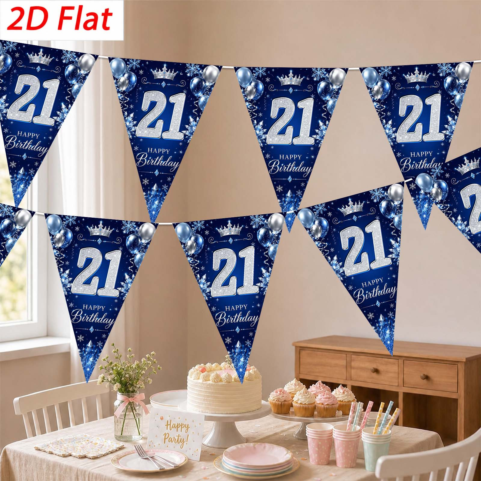 TEMU 2d Flat, 2d Flat Banner Party Pennant, 10pcs, Material, 21st Birthday Triangle Pennant Decoration, Blue And Silvery Combination, Birthday Theme
