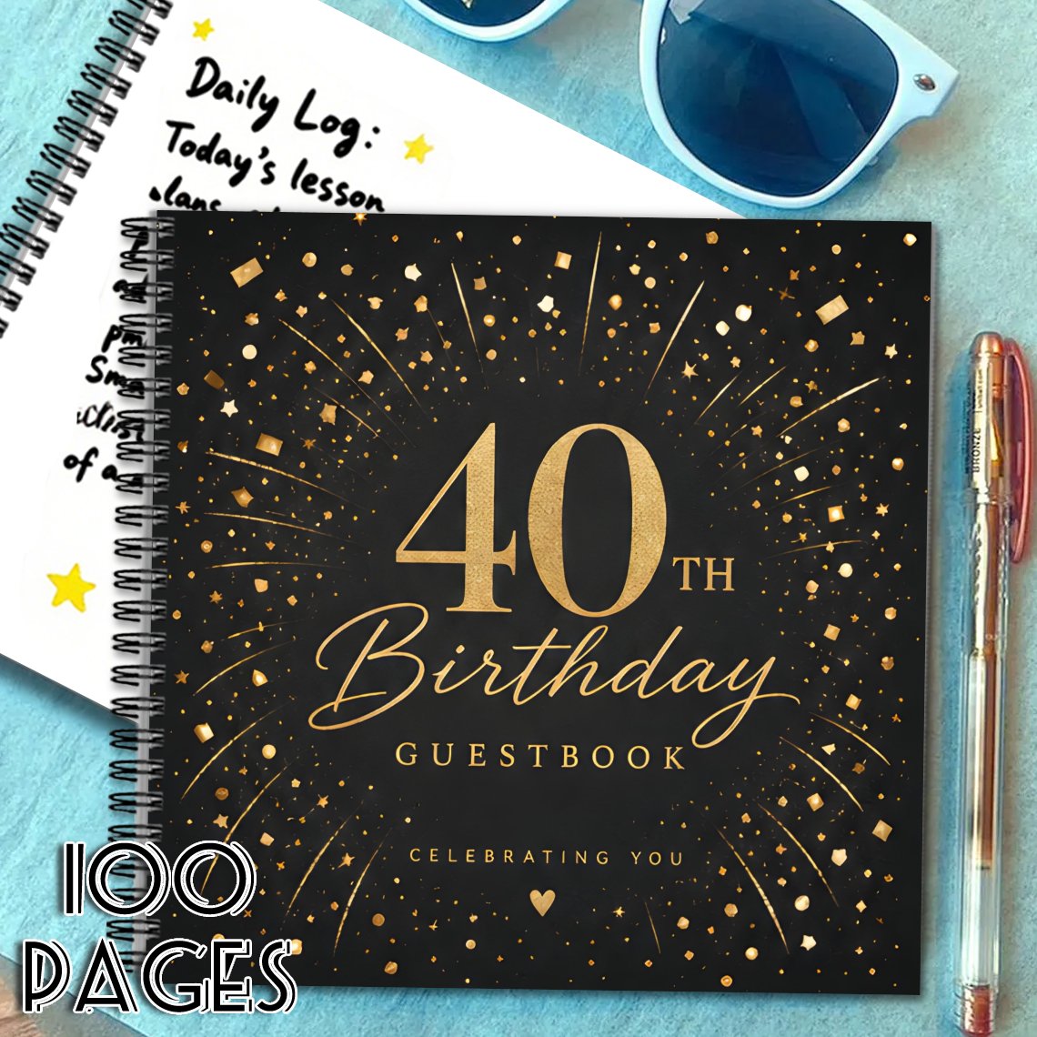 TEMU 1pc 40th Birthday Guest Book Signature Book, Black Golden Glitter Decor Square Message Sign Book, Ideal Gift For Friend Suitable For 40th
