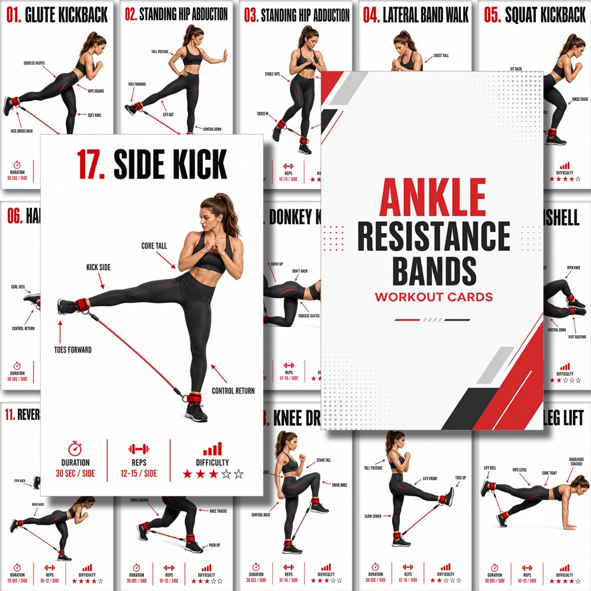 TEMU 20pcs Ankle Strap Resistance Band Exercise Cards, Workout Guide Set For , Legs And Hip Training, Easy Fitness Instructions, Portable Home Gym