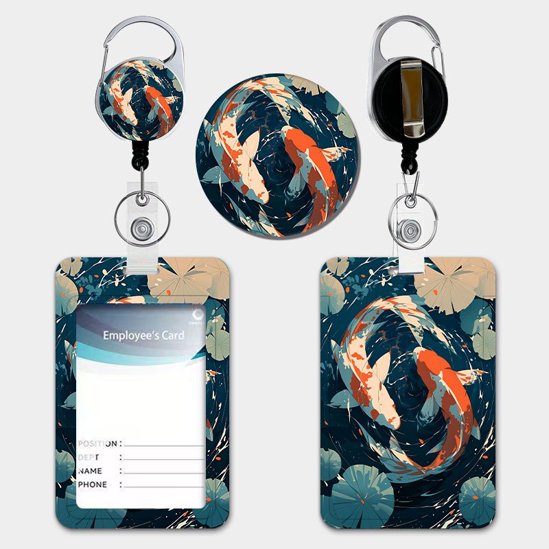 TEMU Porte-carte de style japonais motif poisson Koi bleu, blanc et orange pour femmes, avec lanière rétractable à tirette et porte-clés, porte-carte