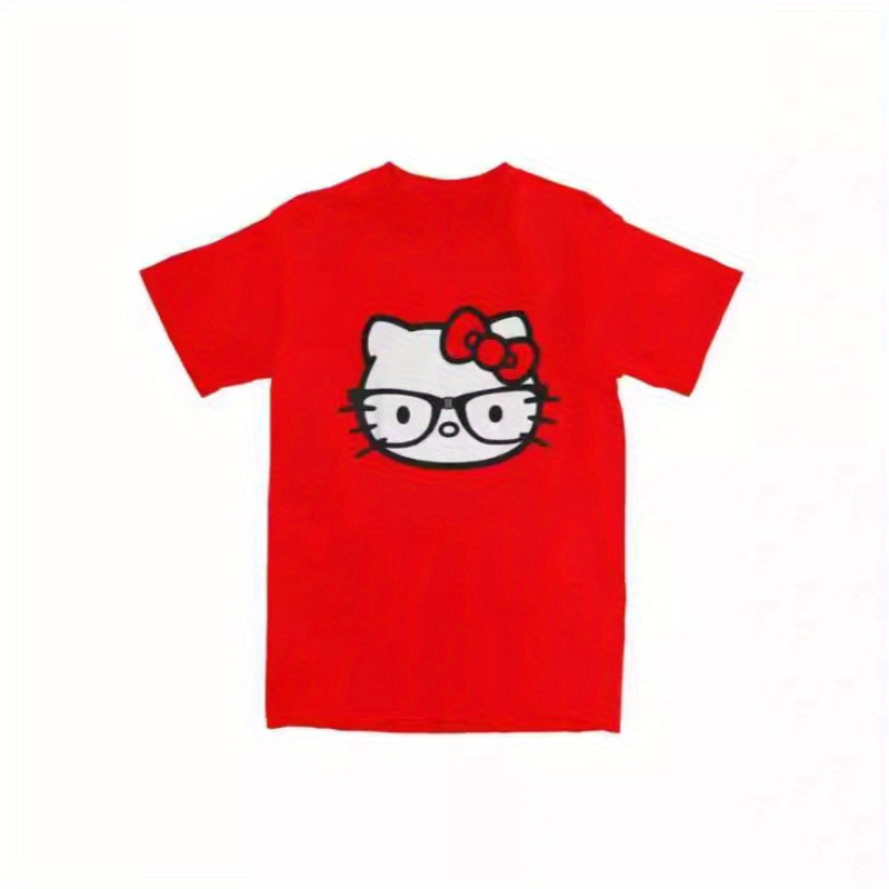 

T-Shirts Couple Sanrio Hello Kitty - Imprimé Mignon de Lunettes Florales Bleues et Blanches, Polyester , Manches Courtes - Idéal pour /Été/Automne, Chemise Hello Kitty