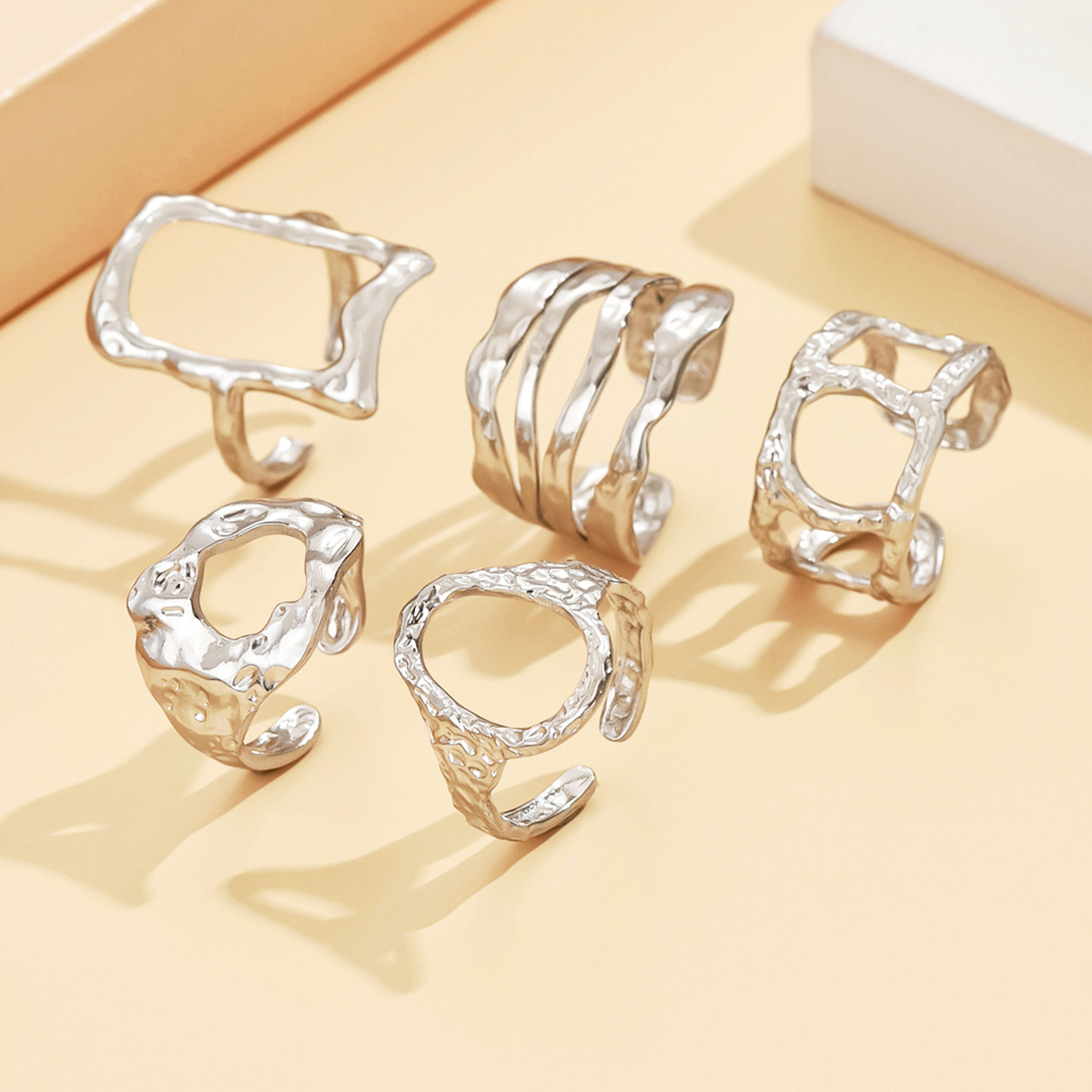 Image of 5pcs/set Stainless Steel Handmade Pit Texture For Women Irregular Geometric Hole Design Golden And Silvery Two-color Fashionable Versatile Affordable Jewelry