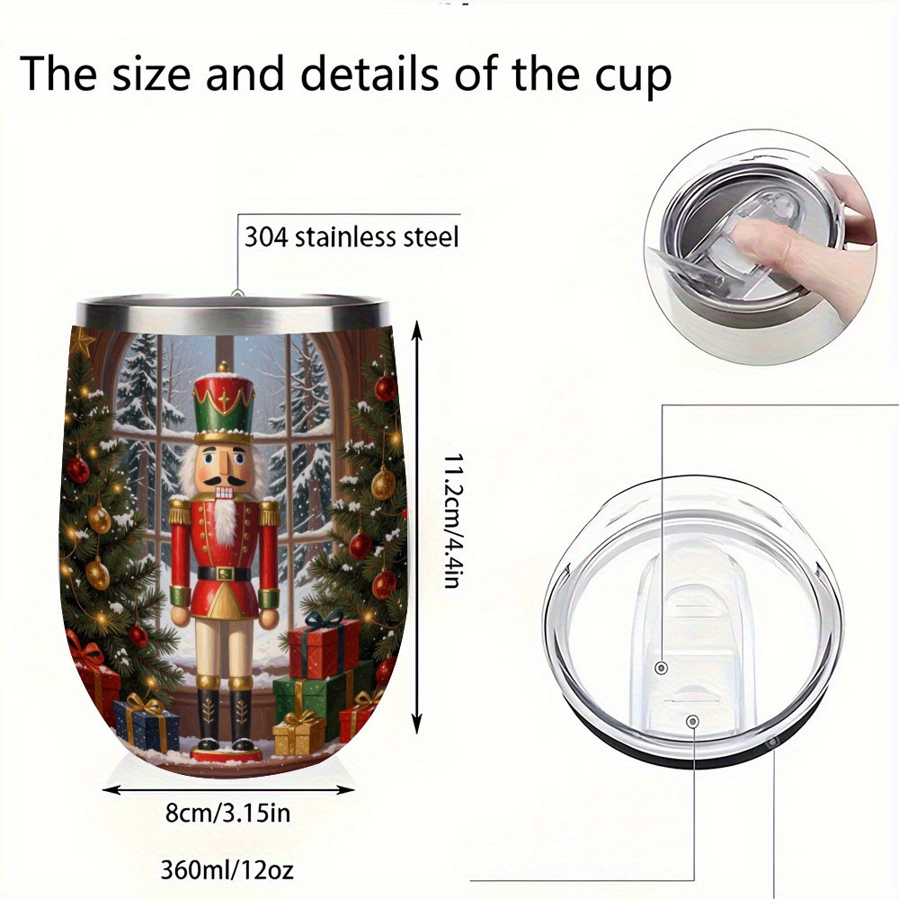 TEMU 12oz Stainless Steel Insulated Tumbler With Digital Printed Festive Christmas Nutcracker Scene, Leakproof Thermal Travel Mug For Drinks, Ideal