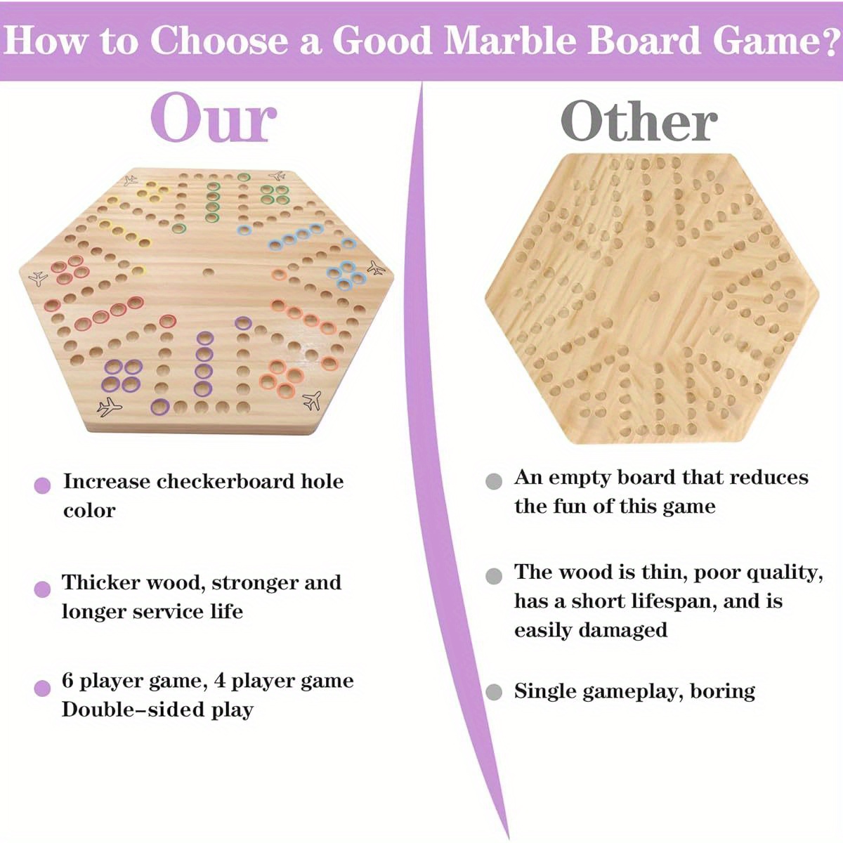 HOROW Wahoo Board Game - Classic 2-Sided Wooden Family Game Night Board Game for 4 or 6 Players, Includes 30 Marbles & 6 Dice, Compact Portable Design with Sturdy Log Base, Easy to Learn & Play