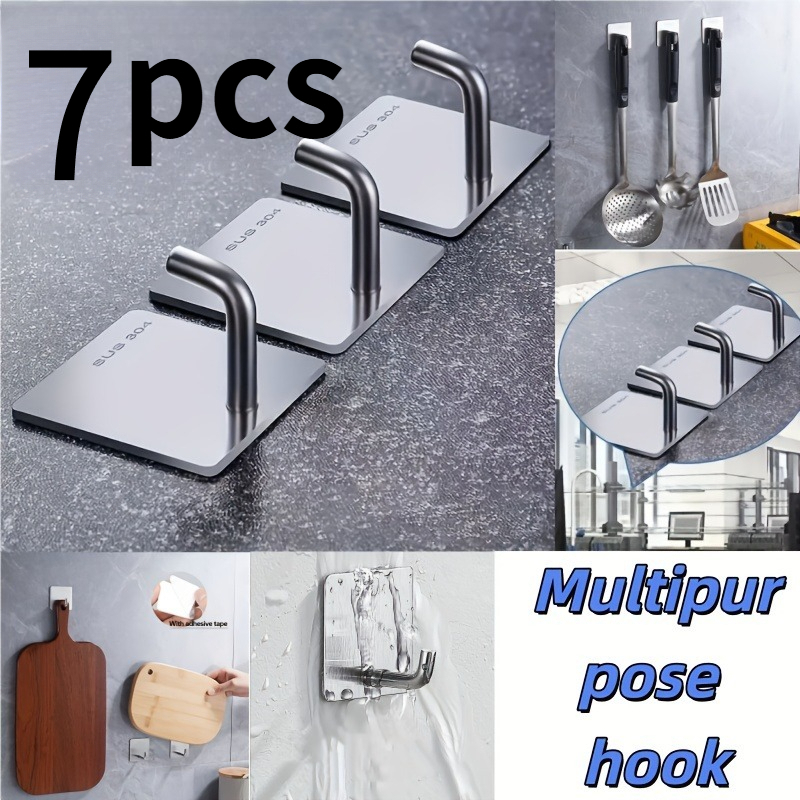 TEMU 7pcs Heavy-duty Stainless Steel No-drill Adhesive Hooks, Multi-functional Hangers Suitable For Kitchen, Bathroom, Warehouse, Garage And More,