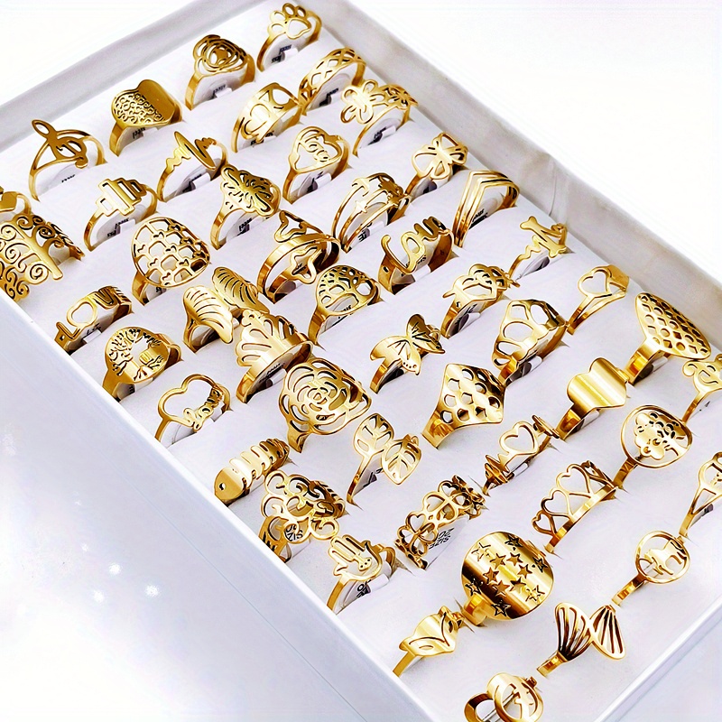 TEMU Lot de 20 Bagues en Acier Inoxydable Gravées pour Hommes et Femmes, Bijoux avec Charme Floral Creux - Vente en Gros