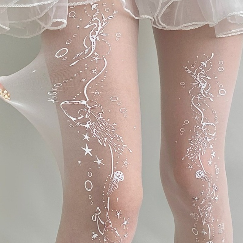 Image of 1 Pair Of Ocean Print White Stockings Pure Desire Cute Socks Women's Spring And Summer Thin White Stockings