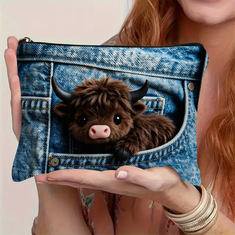TEMU 2d Flat Cute Fluffy Brown Cow Pattern Makeup Bag, Soft And Durable Pouch, Cm Portable Toiletry Storage Bag For And Personal Beauty Storage