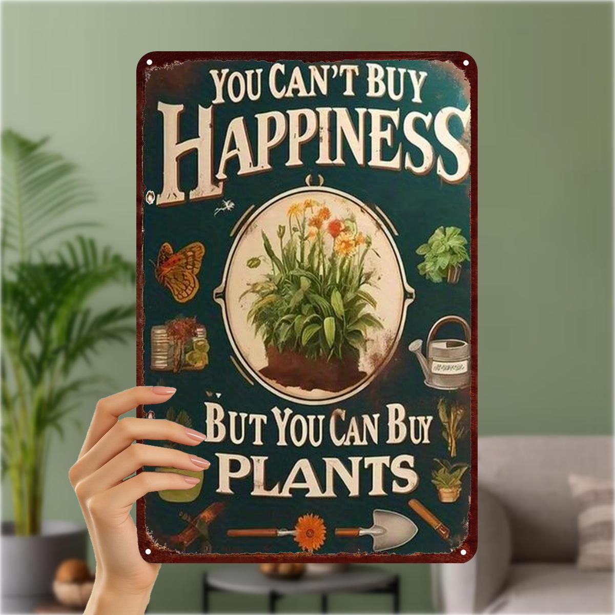 TEMU 2d Flat 1pc, You Buy Happiness, But You Can Buy Plants – Vintage Metal Wall Art Decor 8×12 Inch