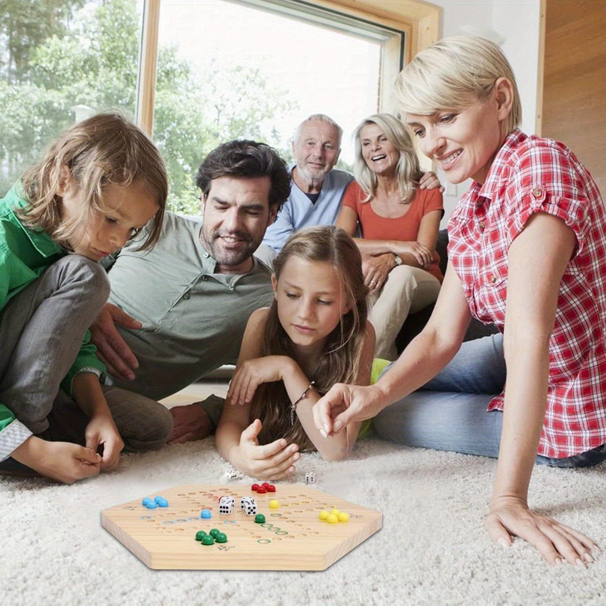 HOROW Wahoo Board Game - Classic 2-Sided Wooden Family Game Night Board Game for 4 or 6 Players, Includes 30 Marbles & 6 Dice, Compact Portable Design with Sturdy Log Base, Easy to Learn & Play