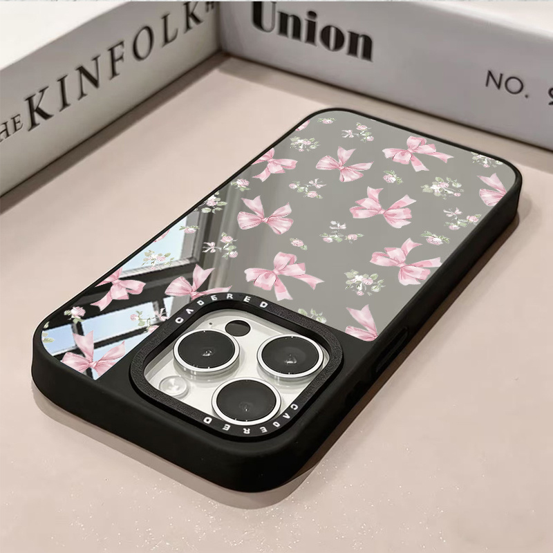 TEMU Phone Case - Mirror-style Pink Floral Phone Case With A Bow, Suitable For 14 Pro Max, Shockproof Soft Shell For Iphone 13, Full Coverage Lens