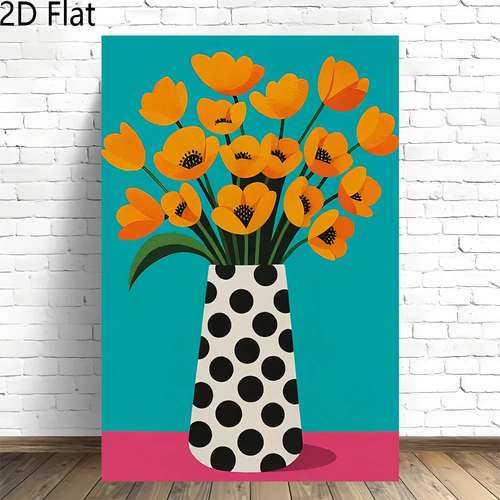 2d flat 2d flat 2d flat 1pc artwork featuring orange flowers in a polka dot vase set against a vibrant background designed for wall decoration in for homes and offices this 2d flat canvas is ideal for bars cafes shops or bedrooms