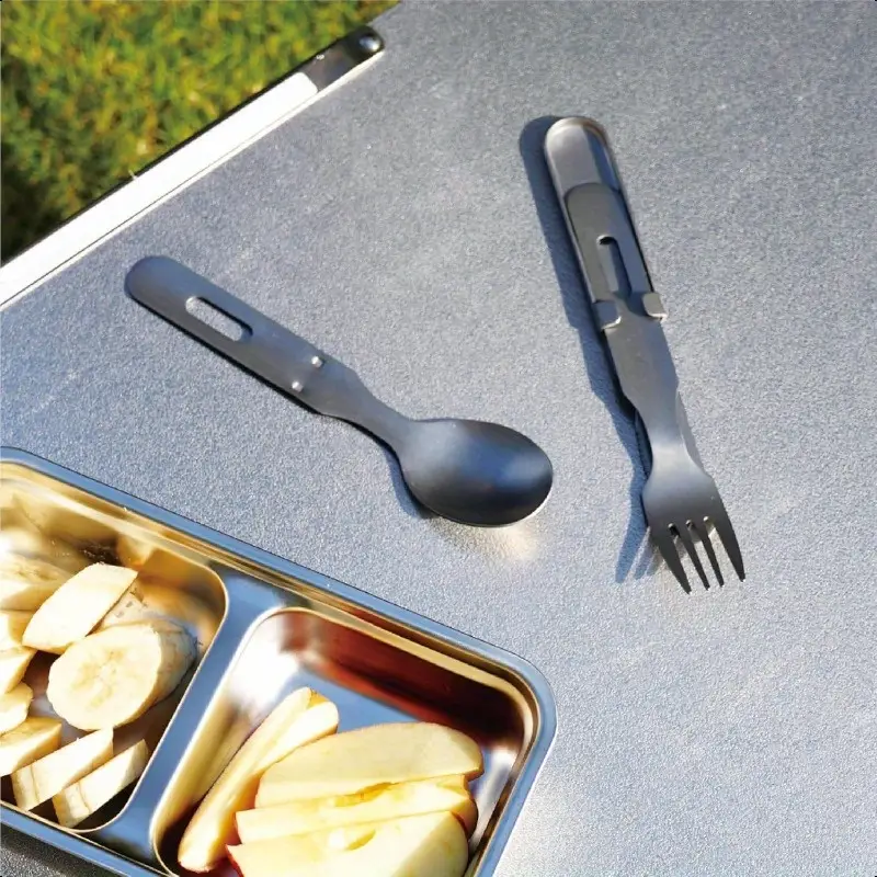 3pcs stainless steel camping utensil set with knife & bottle opener - heavy-duty compact flatware, detachable & lightweight (6.3 inch) - portable outdoor cutlery with ergonomic grip, dishwasher safe - ideal for camping, hiking, travel, - survival knife/spoon/fork set, camping equipment and accessories, camping cutlery, camping gear and equipment Product details 0
