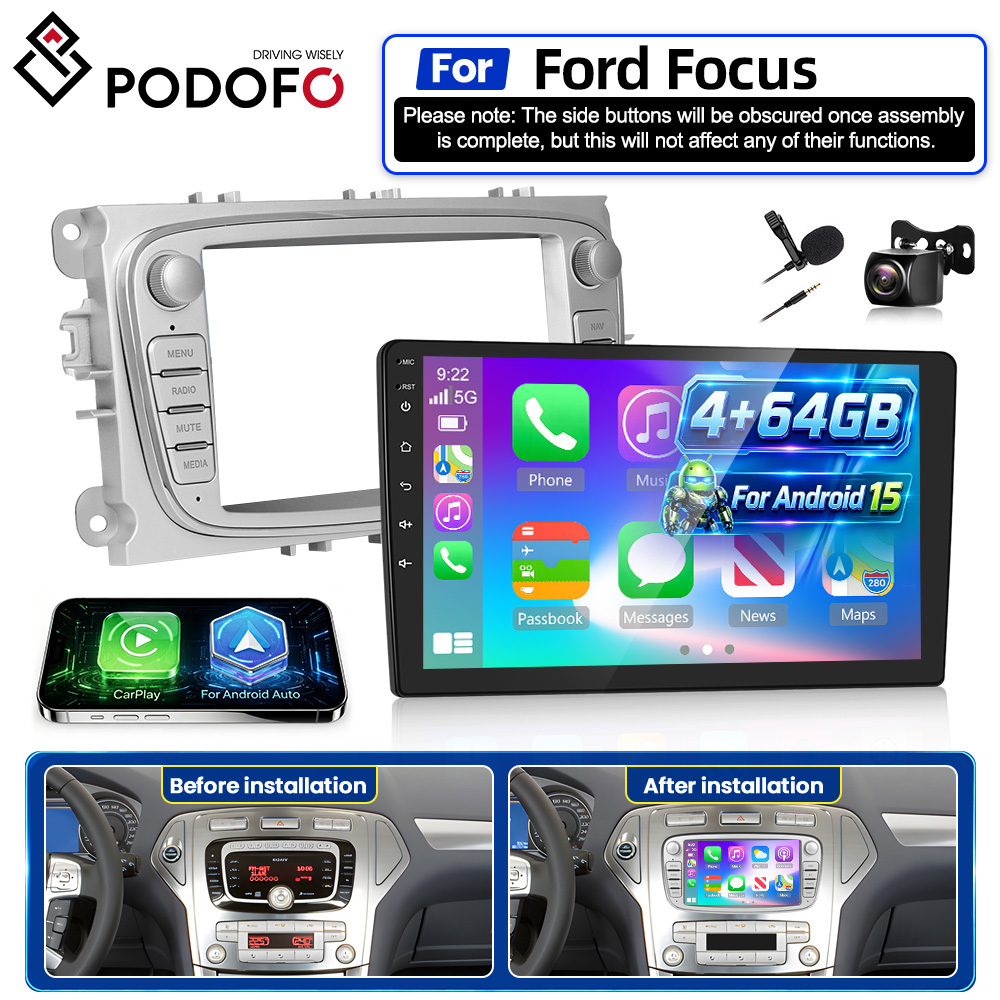 TEMU Podofo [8core 4g 64g] 15 7-inch For Ford Focus Ii, , , , / Auto, Eq Ai Dsp/ Gps/ Wifi/ Bt5.0/ Fm/  backup Camera mic, Without Battery
