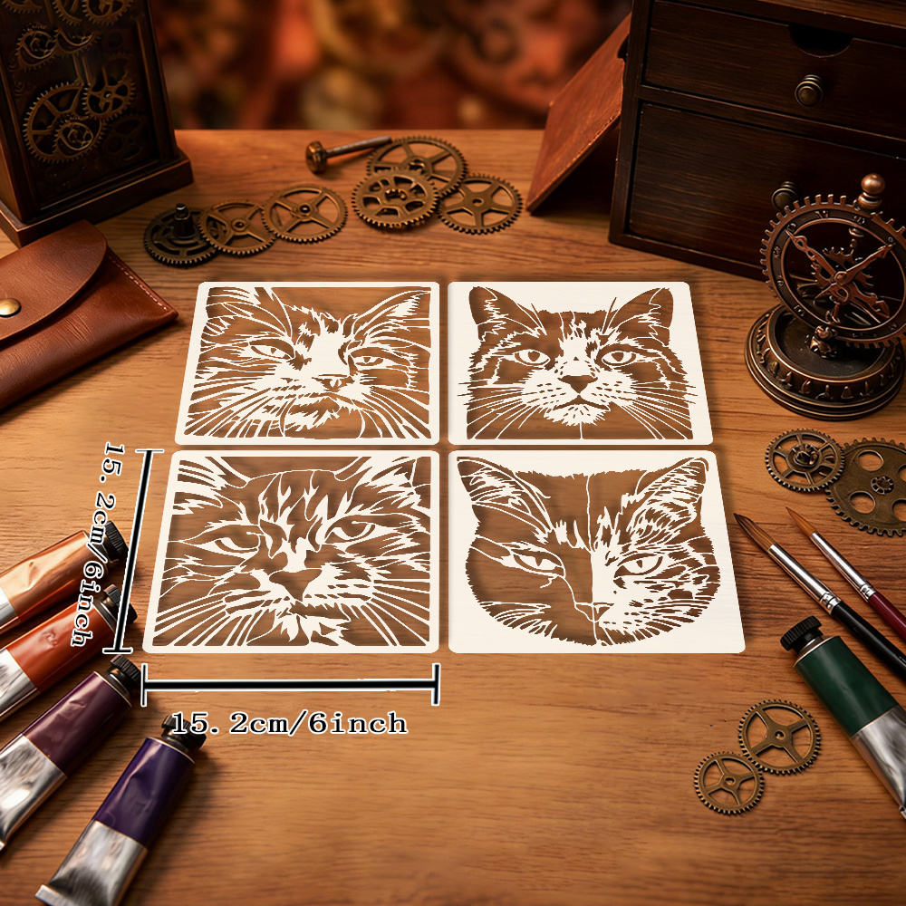 TEMU 4pcs Vivid Fluffy Cat Face Stencil, Realistic Feline Portrait Painting Template, Exquisite Animal Pattern For Craft, Decoration, Wall Art, Wood