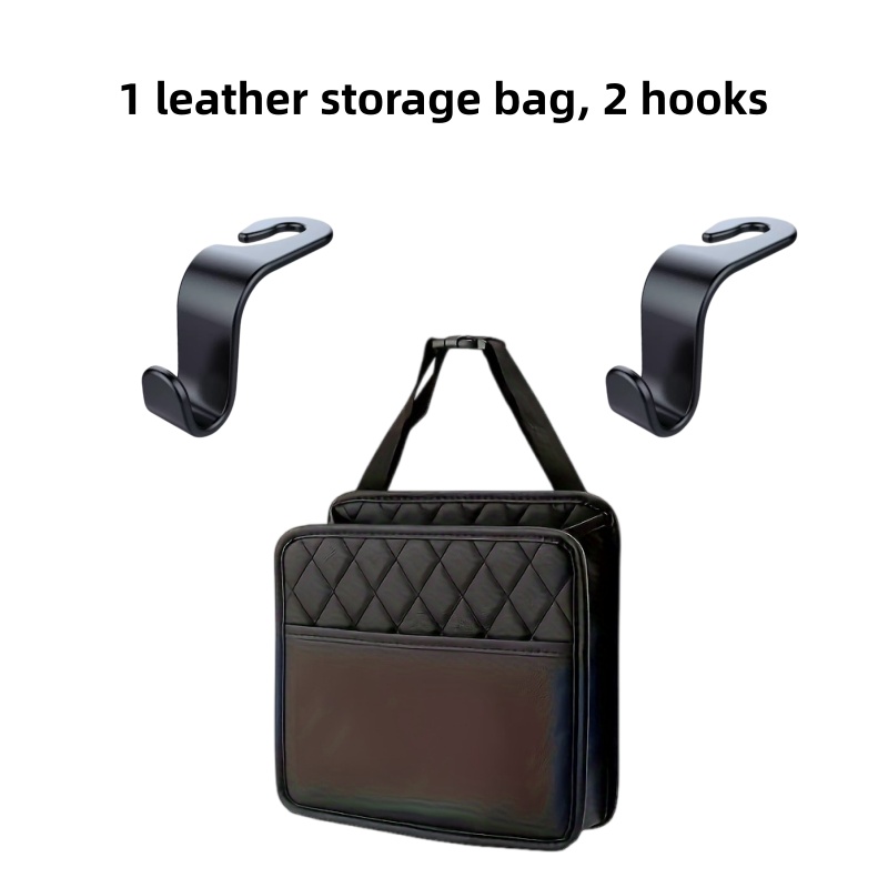 TEMU Car Seat Storage Bag With Hooks, Rear Hanging Multi-pocket Organizer, 2-in-1 Trash Can And Storage, Waterproof Faux Leather Car Organizer For