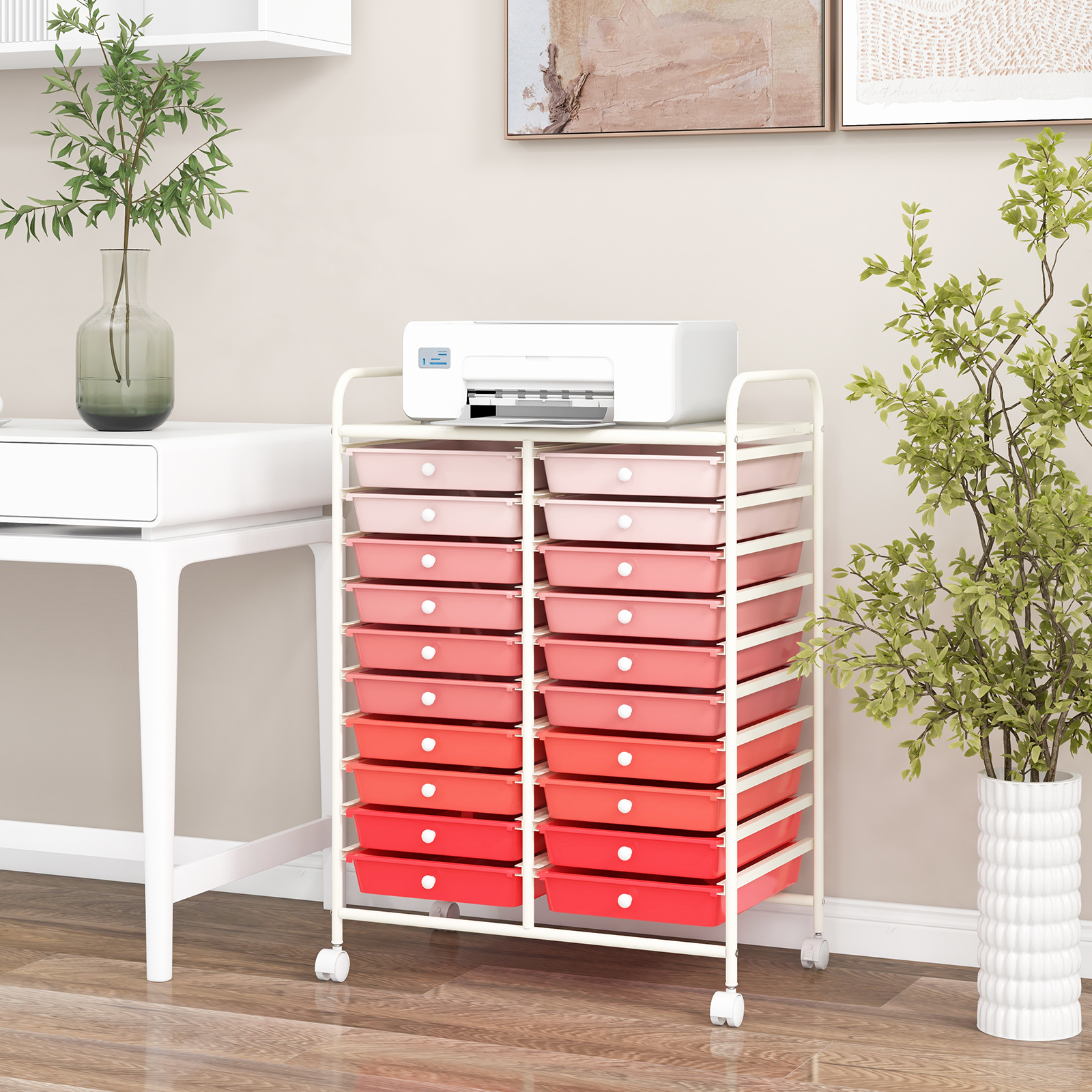   20 drawer rolling storage cart with lockable wheels heavy duty   500lb capacity mobile organizer 20 drawer pink gradient   removable dividers smooth sliding drawers space saving storage for home   craft room plastic steel construction 35 5 x17 7 x28 9 plastic storage drawer office organization and storage rolling cart storage with wheel rolling cart with wheel on drawer organizer and storage drawer rolling cart rolling