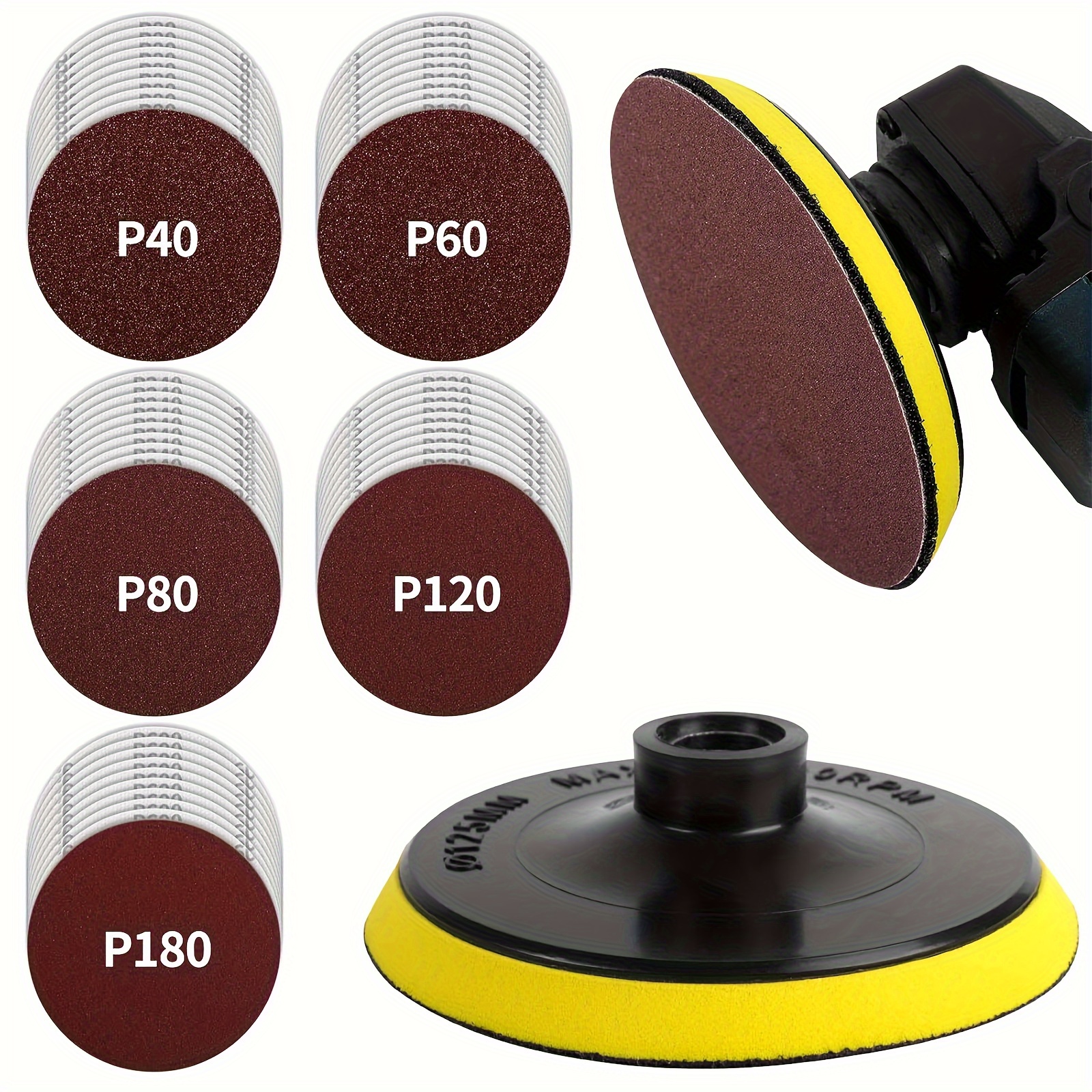 50pcs Sanding Disc Set With 12.7cm Hook And Loop Pad - M14 Thread, Angle Grinder Compatible, Assorted (40/60/80/120/180) For Wood, Metal & Car Polishing