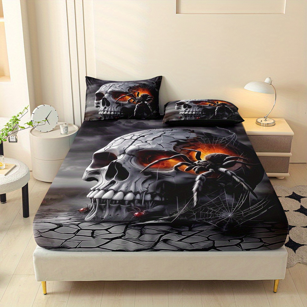 TEMU 3pcs Gothic Printed Fitted Sheet Set, Queen Mattress Cover, Twin Mattress Protector, King Bedding Set, Polyester Machine Washable, Bedroom ,