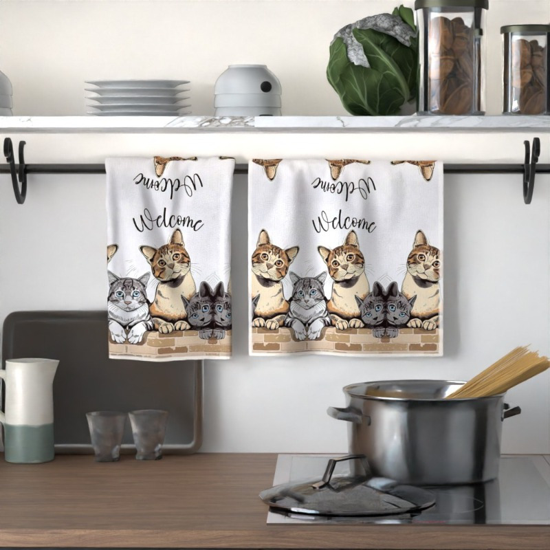 

2pcs 18x26 Inches Cat Style Towels - Cute Cat Design, Soft Polyester, Machine Washable For Kitchen, Bathroom, And Pet Grooming - Ideal Gift For Cat Lovers