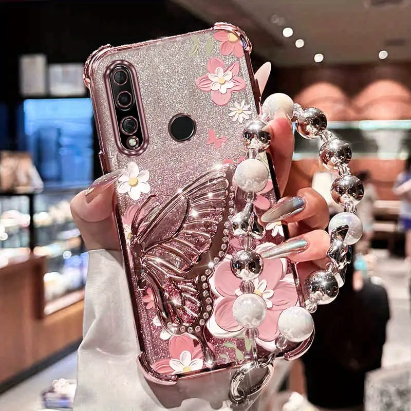 Handyhülle: Perlen-Armband Glitzer Luxus Blume Schmetterling Handyhalter Hülle für Huawei P30 Lite HuaweiP30Lite Stoßfest Schockfest Ständer Rückseite