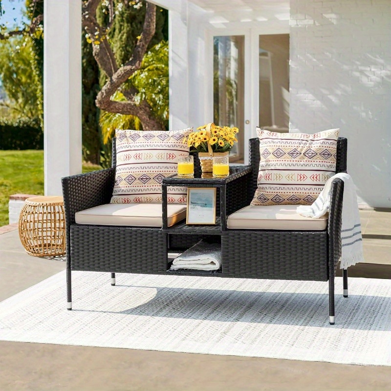 Outdoor Patio Loveseat Modern Rattan 2Seat Patio Conversation Set with Cushions and Builtin Coffee Table Porch Furniture for Garden Lawn Backyard Beige