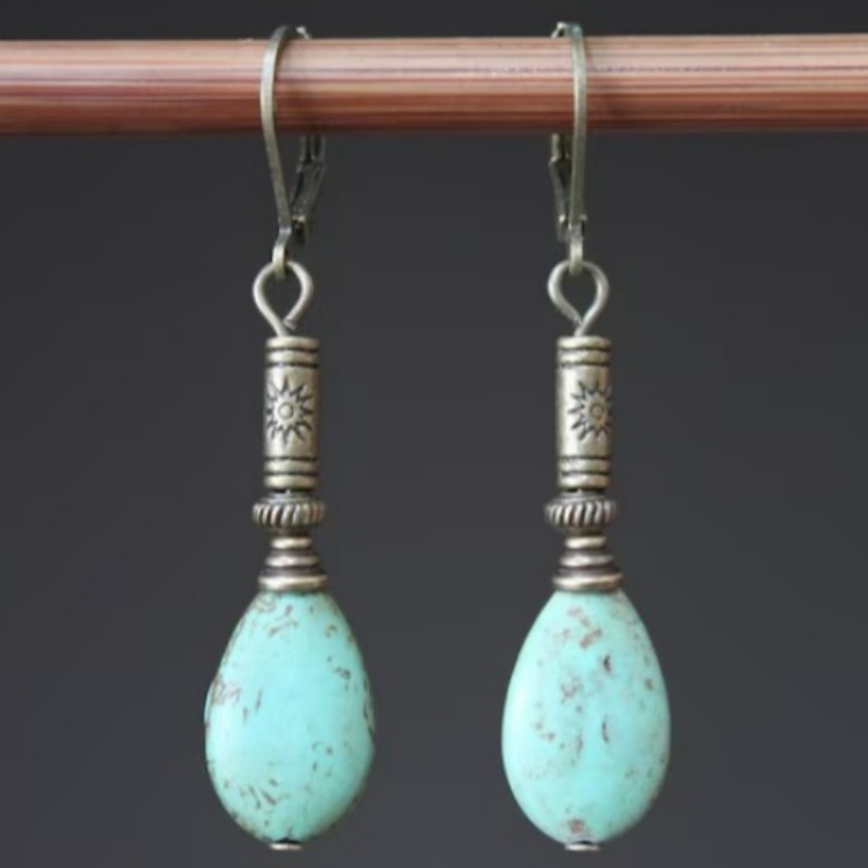 E-shop Tibet Silberfarbene Vintage Bohemian Lange Hakenohrringe mit Synthetischem Türkis Wassertropfen für Frauen