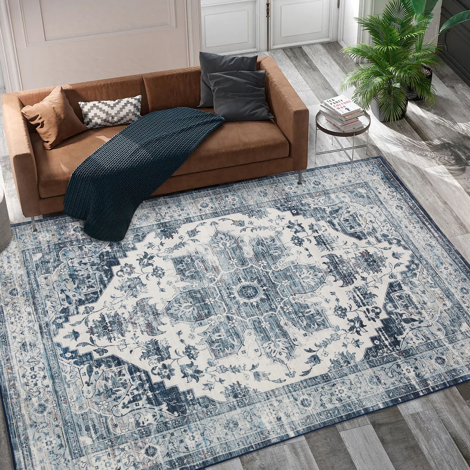 Classic Floral Carpet Rug Suitable For Living Room - Non-slip Washable Low-pile Floor Mat With Reinforced Edges & Distressed Texture, Foldable Carpet, Coverage ( In Sizes)