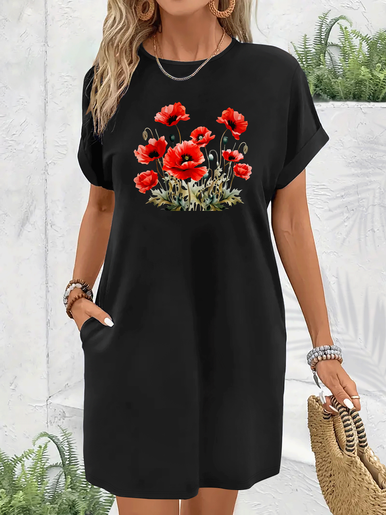 Women'S Casual Floral Print Dress with Pockets - Red Poppy Design, Medium  Stretch Fabric, Loose Fit Summer Dress for Adults, Versatile for Casual ...