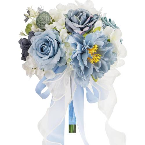 1bouquets dusty blue wedding bouquets for bride bridesmaid white navy blue artificial roses flowers bridal bouquets for wedding boho rustic french vintage church decoration toss bouquet