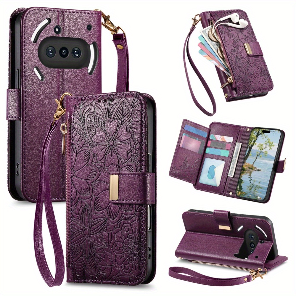 TEMU Phone Case: Flower Leaf Zipper Lanyard Card Holder Case For Nothing Phone 3a, Full-body Shockproof Protective Cover