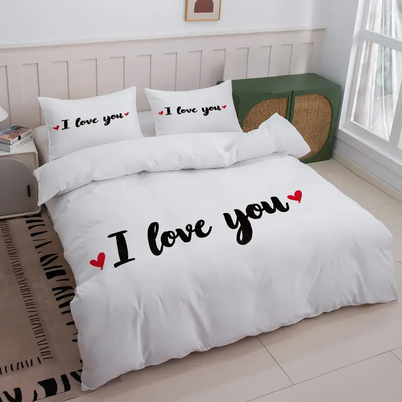 3pcs romantic white bed linen set featuring i love 1 duvet cover 2 pillowcases excluding insert ideal for couples and valentines day Product details 4