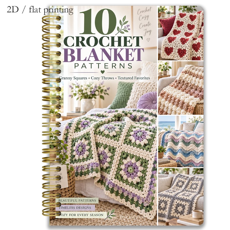 TEMU 1pc 2d Crochet Blanket Pattern Pages, 104 Pages 10 Blanket Patterns Inside, Green & Lilac Botanical Floral Squares, Garden Flower Granny Square,