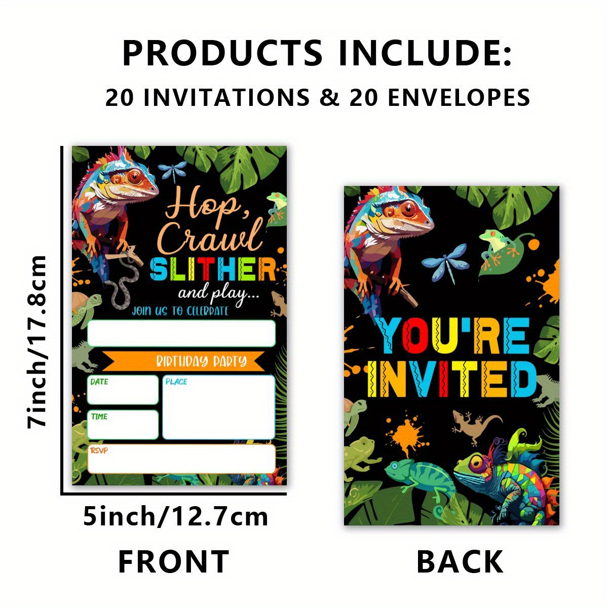 TEMU 20pcs Hop Crawl Birthday Party Invitation Cards With Envelopes - Double-sided Design, Vibrant Cartoon Lizard Theme, ' Birthday Celebrations