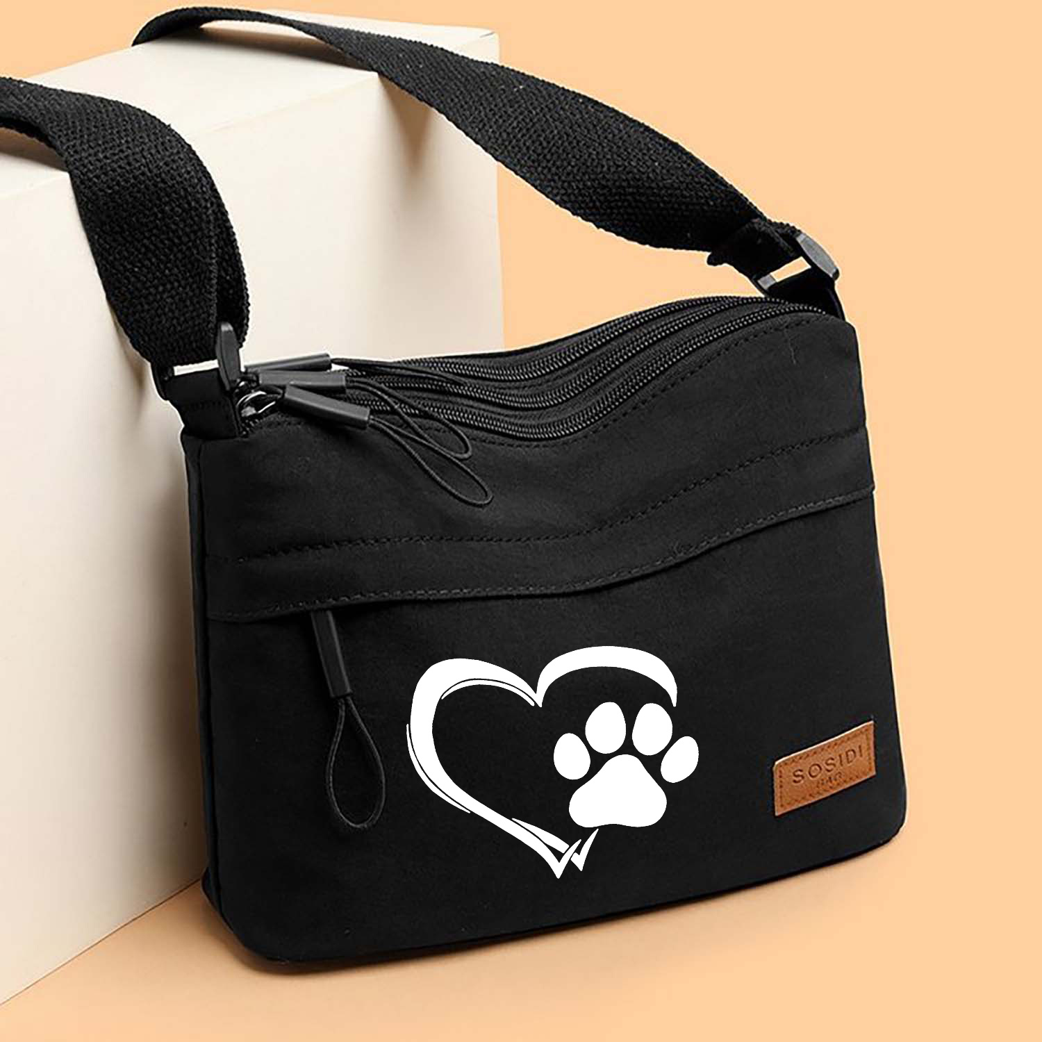 TEMU Nouveau sac bandoulière tendance, motif imprimé patte de cœur, à fermeture éclair à 3 couches, sac à bandoulière multifonctionnel, petit sac