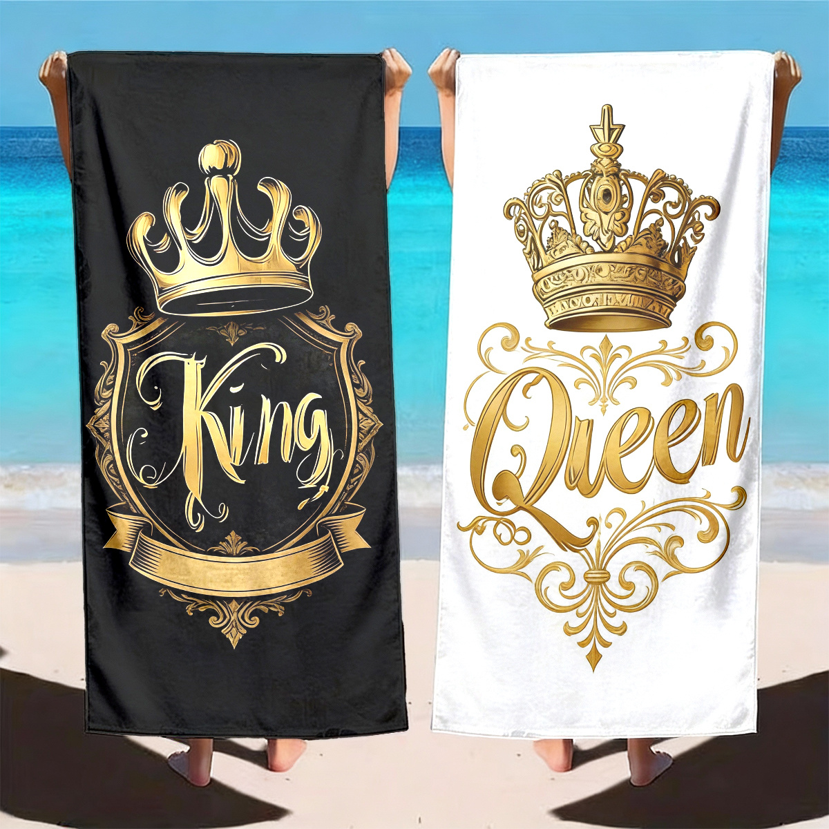 TEMU 2pcs Black Golden And White Golden Matching Couple Beach Towels, Featuring Exquisite , European Retro Floral Patterns, And Handwritten King And