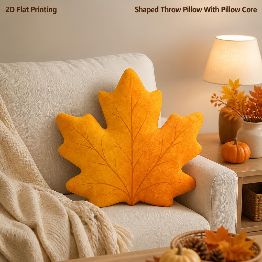 TEMU Coussin décoratif rembourré, motif feuille d'érable d'automne dorée, impression 2D plate, idéal pour canapé, chambre, salon, décoration