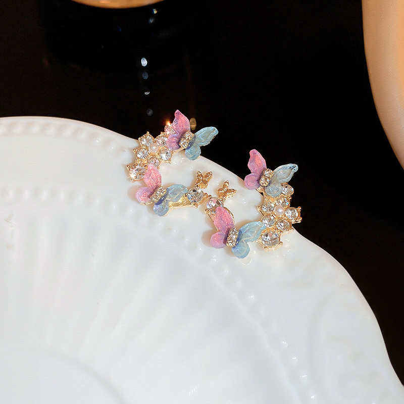 Sweet Rhinestone Butterfly Circle Stud Earrings