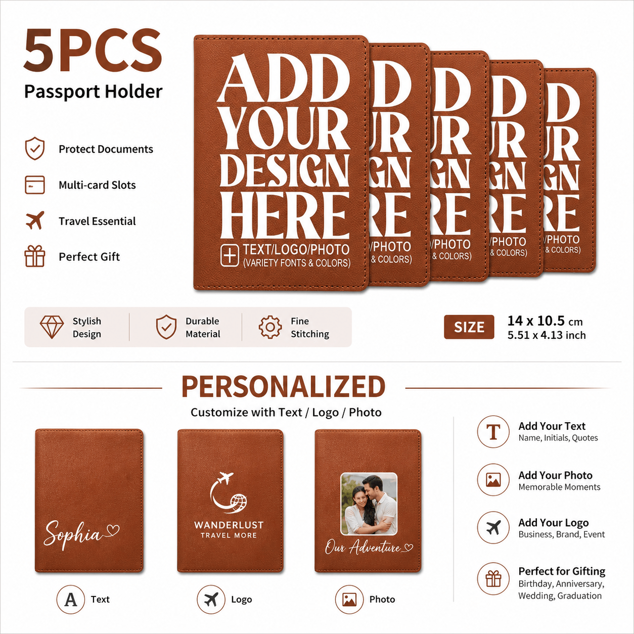 TEMU Juego de 5 protectores de pasaporte personalizados, de pasaporte con foto de texto personalizado, organizador de documentos de viaje