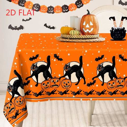 2d flat tablecloth 1pc tablecloth 1pc 2d flat orange background black cat pumpkin bat star pattern tablecloth classic retro halloween festival style spooky festive atmosphere polyester fiber easy clean durable aesthetic