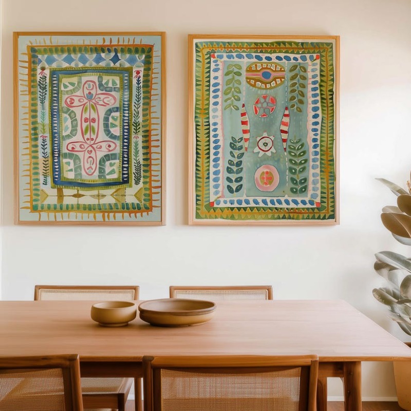 TEMU 2d Flat, 2d Flat, Two-panel Green Tapestry Set - Boho Abstract Watercolor Art Paintings, Green Bohemian Wall Decor For Bedroom &, Frameless