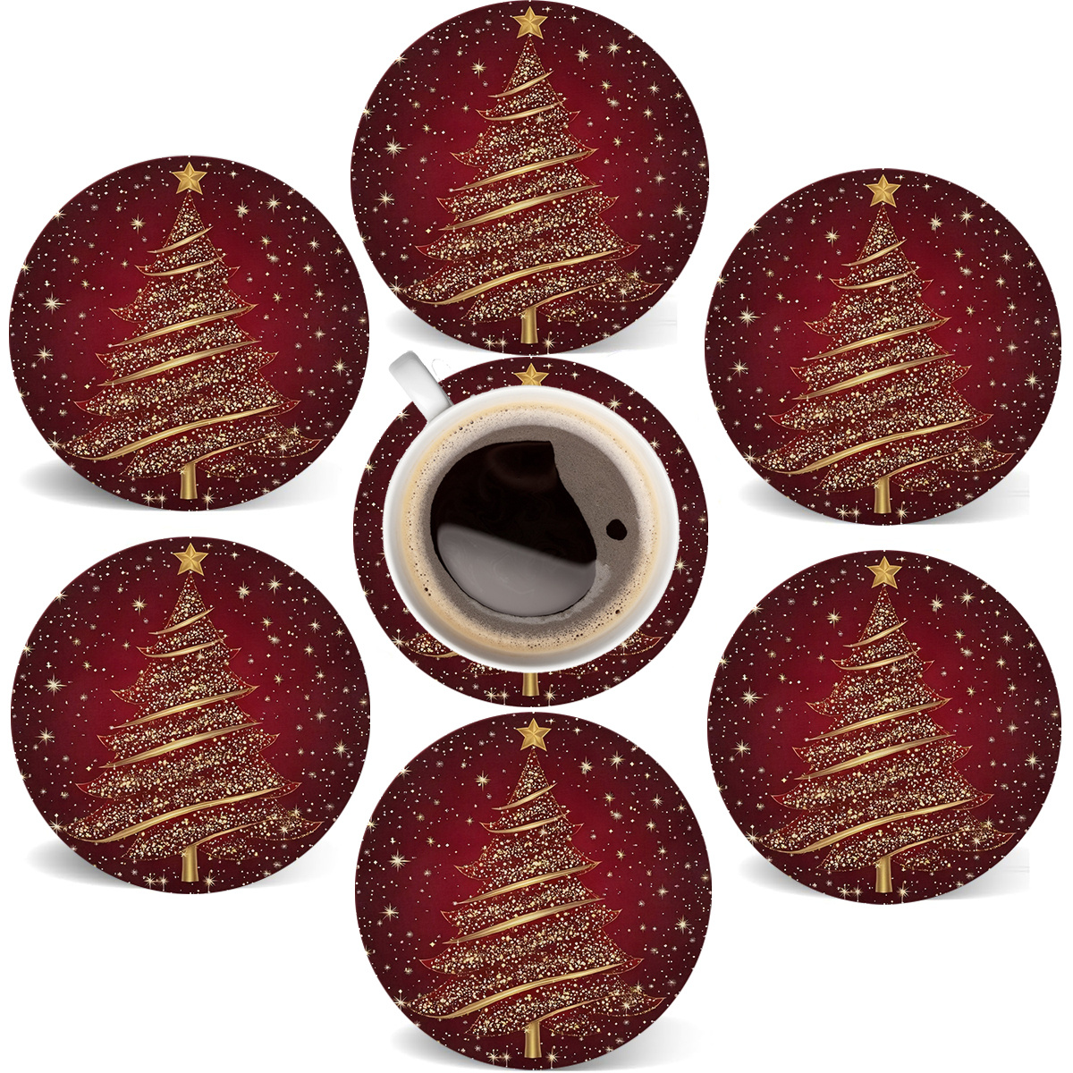 6pcs Festive Wooden Coaster Set - Hand Washable, Christmas Tree And Snowflake Designs, Holiday-themed Drink Mats, For Coffee Table, Home Decor, Father's Day, Mother's Day, Easter, Valentine's Day Gift