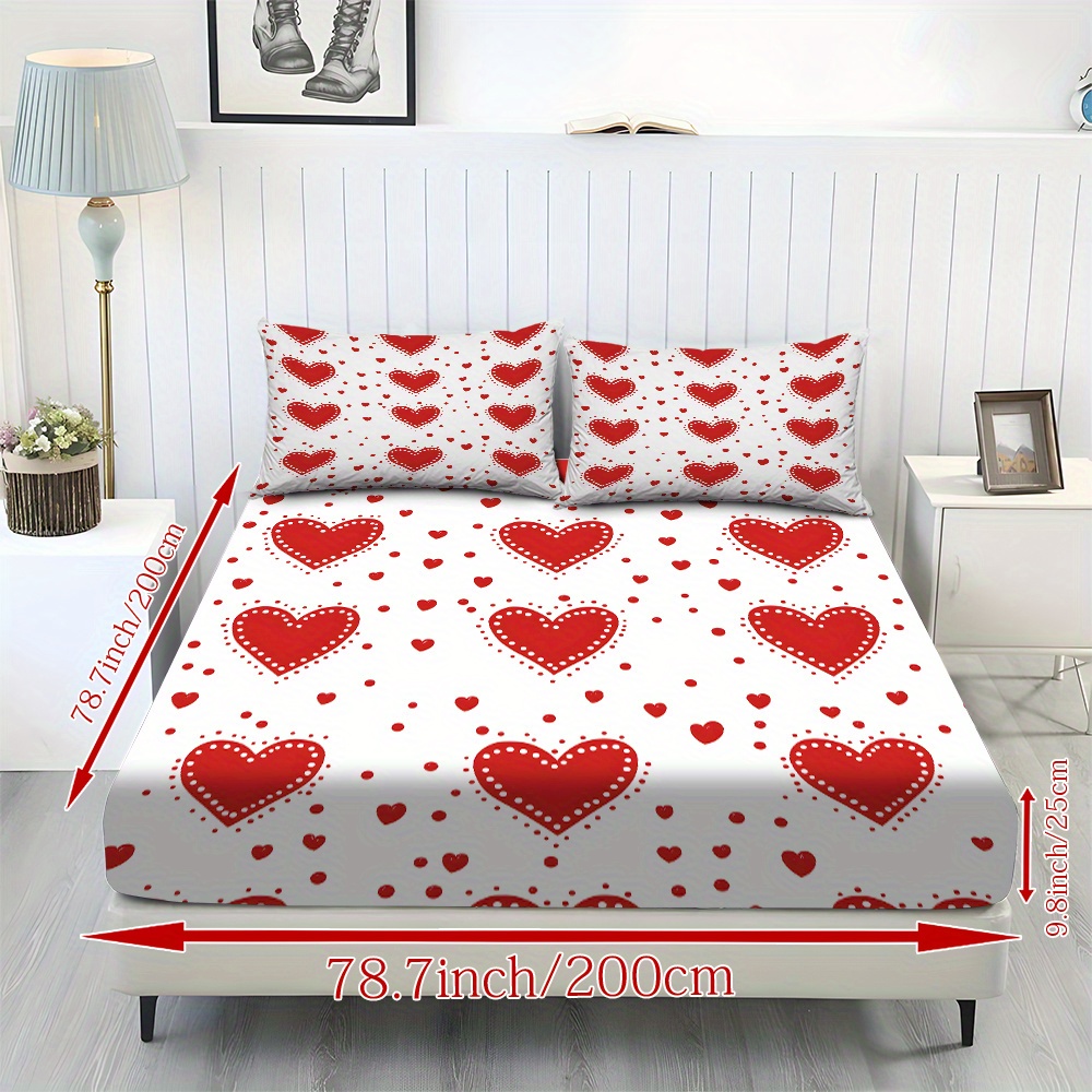 3pcs valentines day bedding set red hearts on white fitted sheet pillowcases soft mattress protector with deep pocket   to   machine washable   sheets for couples hotels dorms   design dorm essentials romantic decor durable construction hotel owners Product details 15