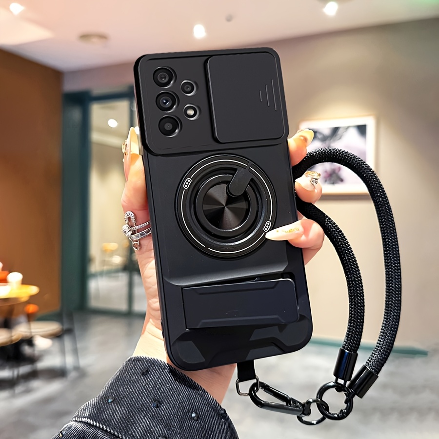 TEMU Phone Case - Three-piece Set (phone Case And Cleaning Kit And Wrist Strap) Tech-inspired Sliding Cover Phone Case - Lens Protection And Rotating