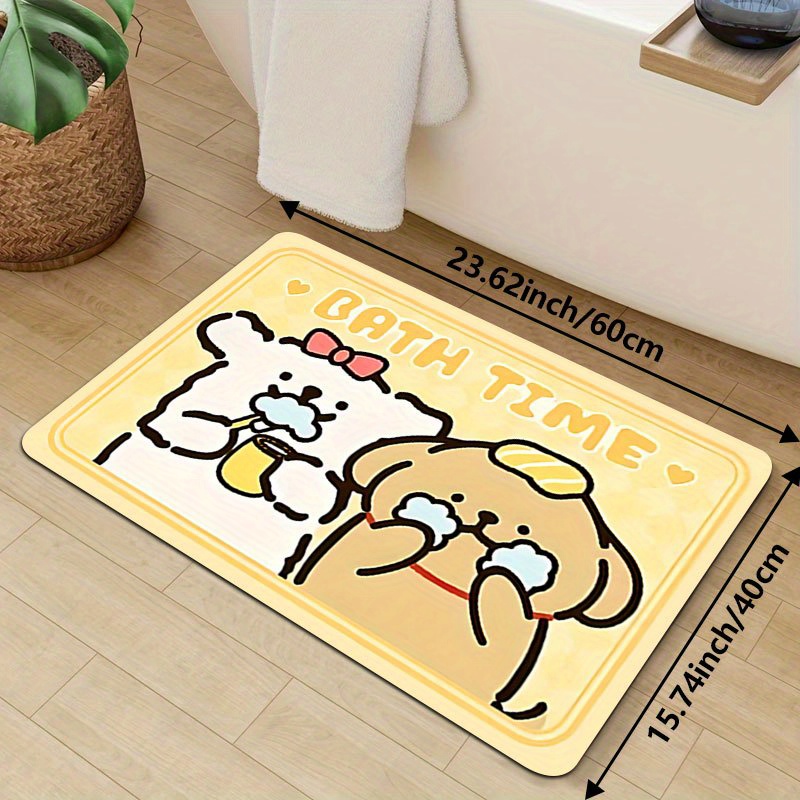 TEMU 목욕 시간" 만화 곰 귀여운 디자인 매트, 욕실·욕조·거실·테라스용 편안하고 실용적인 세탁 가능한 매트, 일상 가정 바닥에 이상적