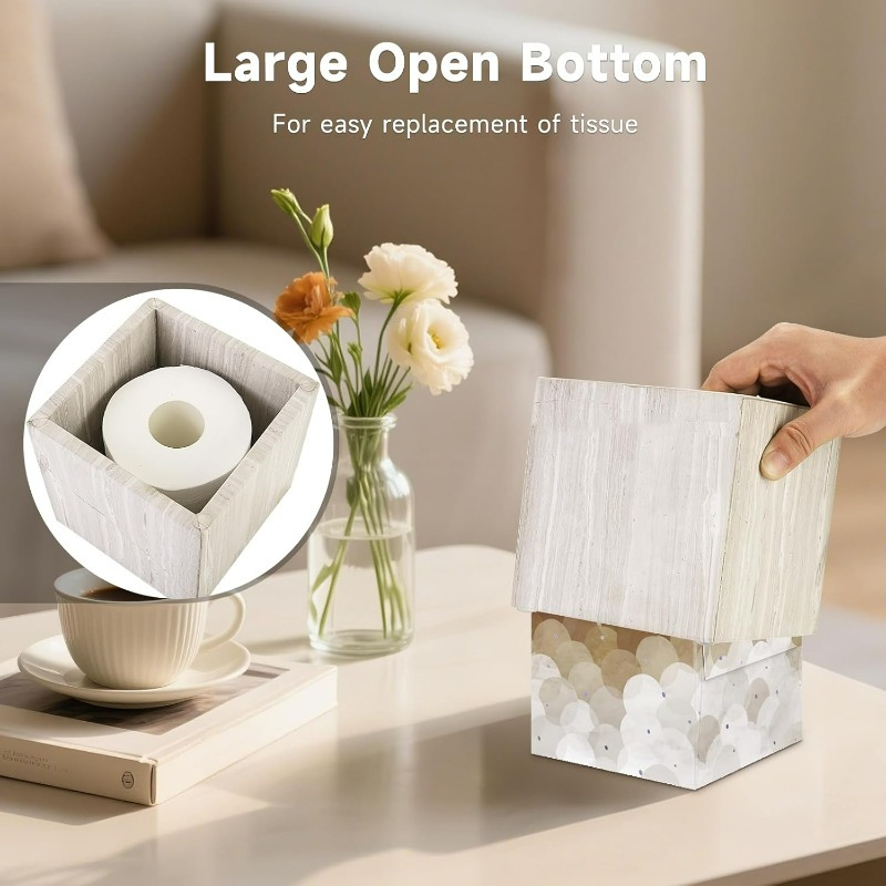 natural   marble tissue box holder square   with open bottom access beige grey marble pattern anti slip base polished   fits bathroom vanity bedroom dresser kitchen countertop luxury storage organizer for tissues 7 4 x7 4 x7 4 Product details 4