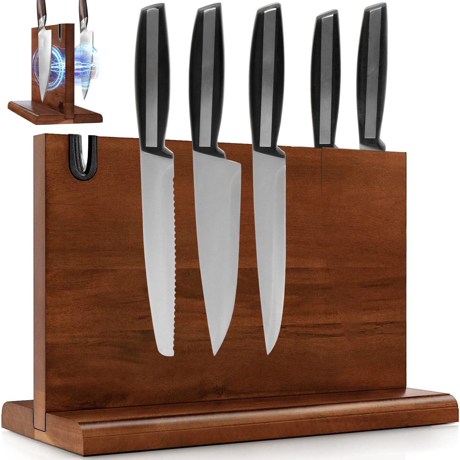 Image of Double-sided Magnetic Knife Block Made Of Natural Acacia Wood, Built-in Sharpening Slot And Widened , Practical Storage Rack For Kitchen Cutlery Organization