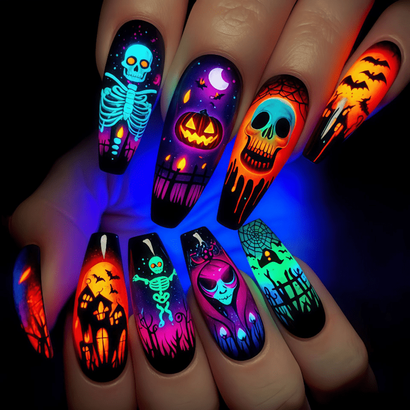 TEMU 46pcs Long Coffin Press-on Nails, Luminous Halloween Fake Nails, -the-dark Skeleton Pumpkin Bat Castle Print, Black Gradient Neon Colors, Glossy