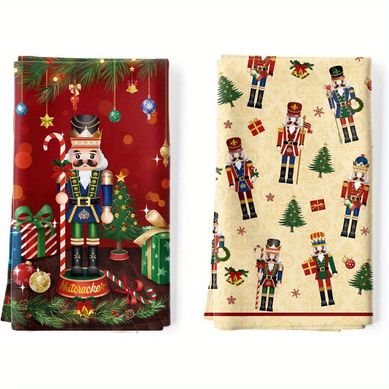 

2pcs Christmas Kitchen Towels, 18x26in, Red Nutcracker & Greenery Pattern, Polyester, Absorbent Dish Towels, Hand Wash Only, Modern Cartoon Style, Holiday Decor For Home Dining