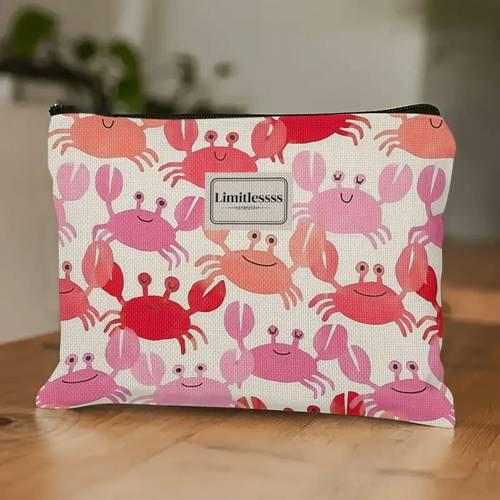 item picture fashionable crab themed makeup bag featuring a zipper design and linen double sided material travel it showcases a pink and pattern made from durable fabric